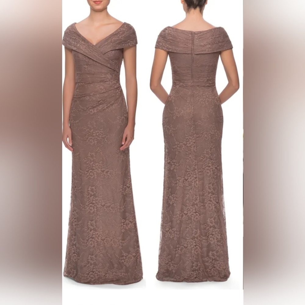 La Femme Portrait Neck Lace Gown 27982 in Cocoa